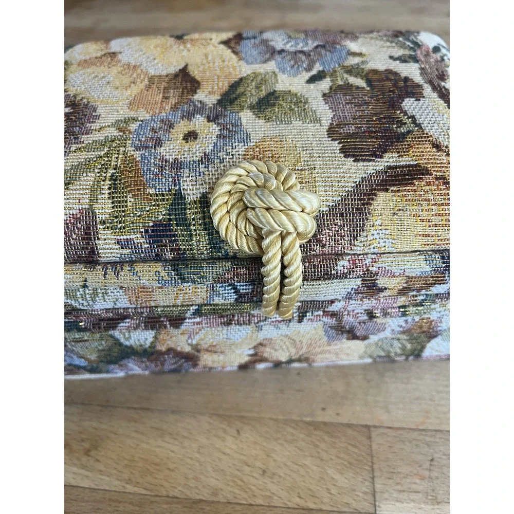 Vtg Fabric covered Jewelry Box Floral Mirror Tapestry Chest Grandma Core Cottage